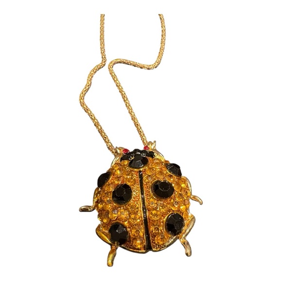 Betsey Johnson Ladybug Pendant Necklace Brooch Gold Tone w/ Rhinestones JB9 - Picture 2 of 6